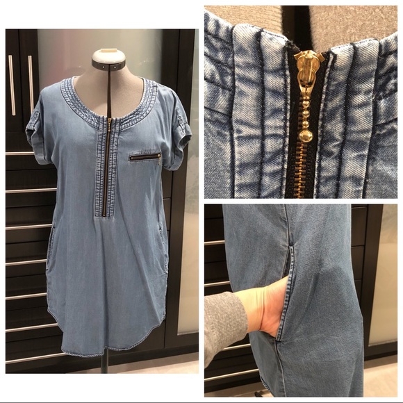 Chambray Zip Drop Shoulder Shirt Dress Pockets - Picture 1 of 13